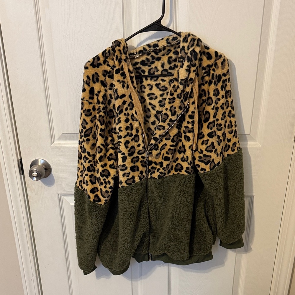 Leopard Print and Green Fleece Jacket